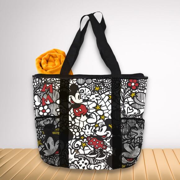 DISNEY Mickey Minnie Mouse Large Zip Top Tote with Mesh Side Pockets - Picture 1 of 10